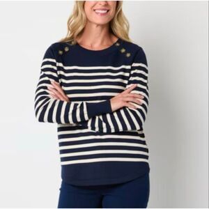 NWT LIZ CLAIBORNE Women’s Sweater 2X Navy Blue Stripe Button Shoulder Nautical